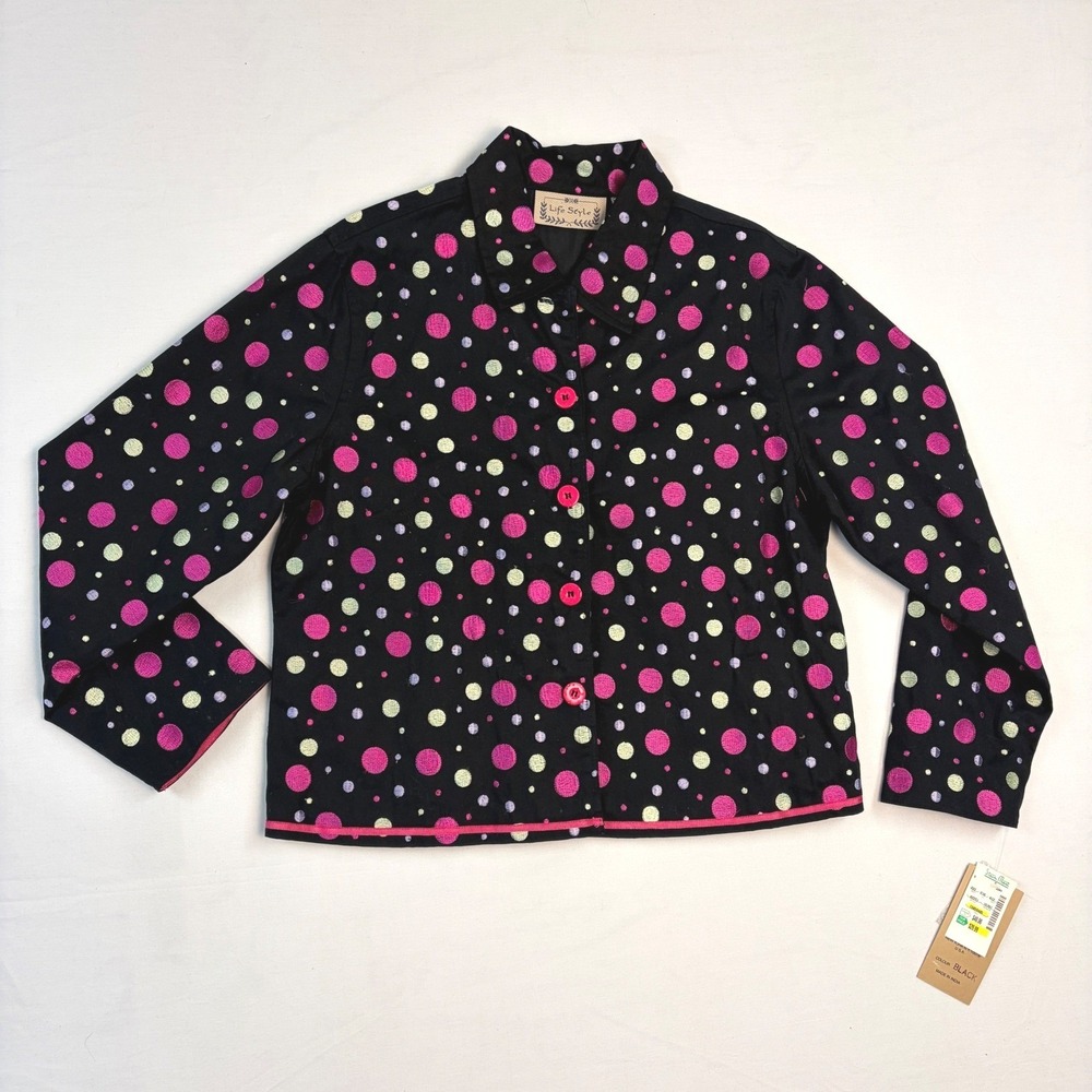 NWT‎ Life Style Womens Large Black Embroidered Polka Dot Jacket Artsy Colorful